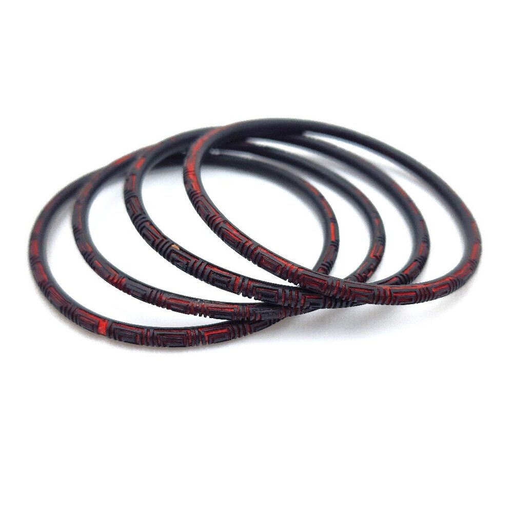 Vintage Set of 4 Carved Chinese Cinnabar Lacquer Bangles – Black with Red Geomet